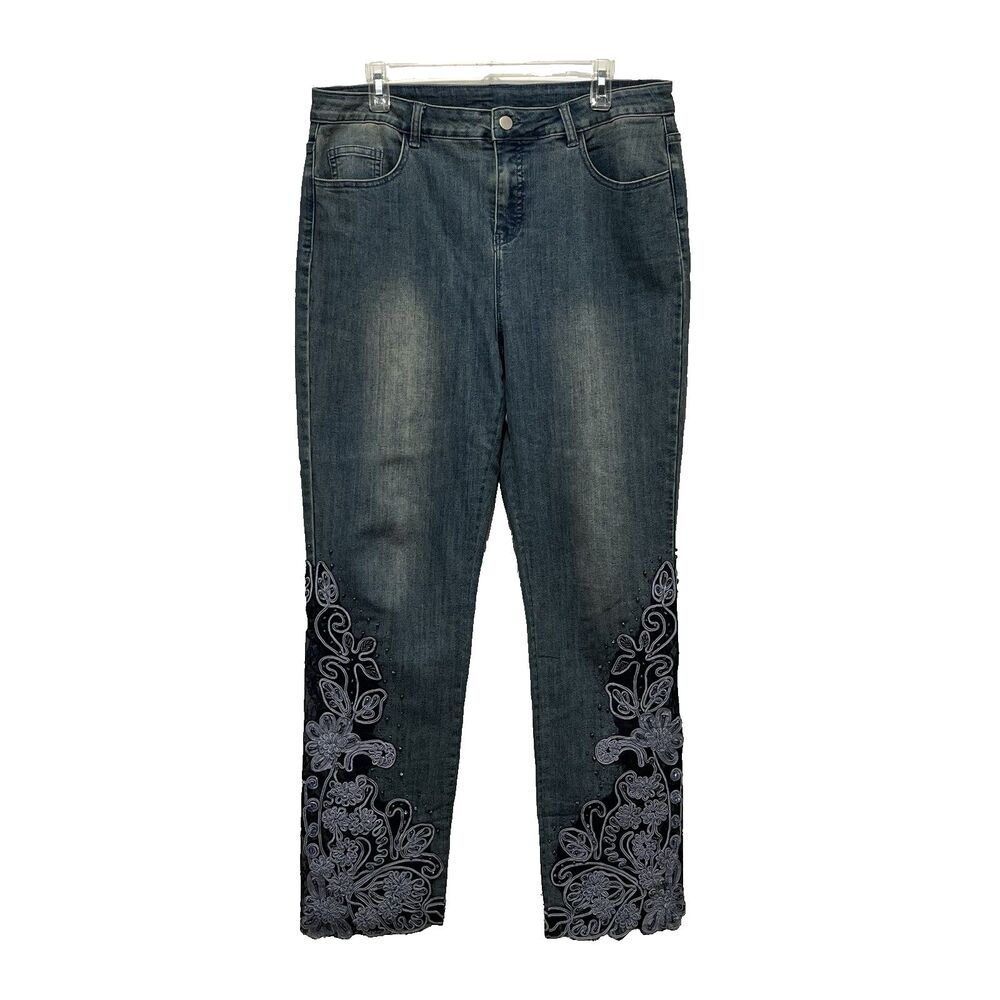 Soft Surroundings EUC Embroidered Jeans Womens 14 Blue‎ Floral Beaded 2BW67